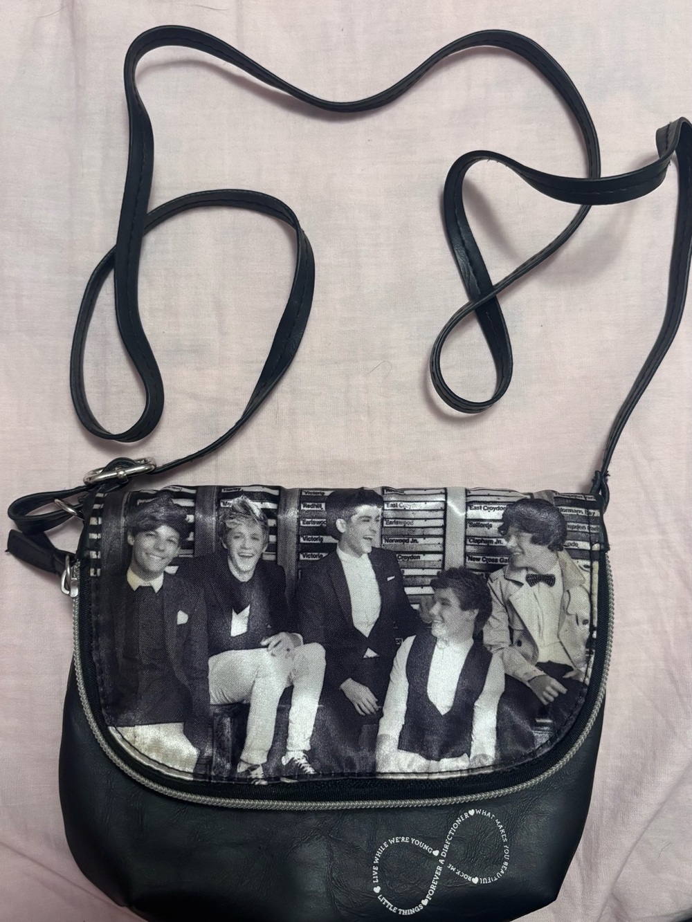 Black and white One Direction crossbody bag